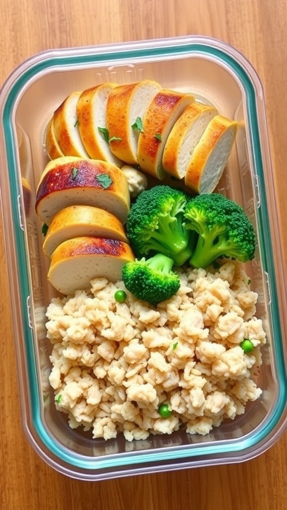 Meal prep container with sliced air fryer chicken, steamed broccoli, and brown rice.